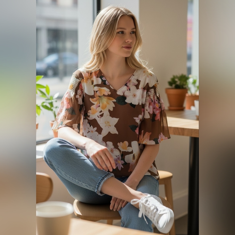 Calvin Klein Floral Blouse - Brown and White NWT LG Silky feel.